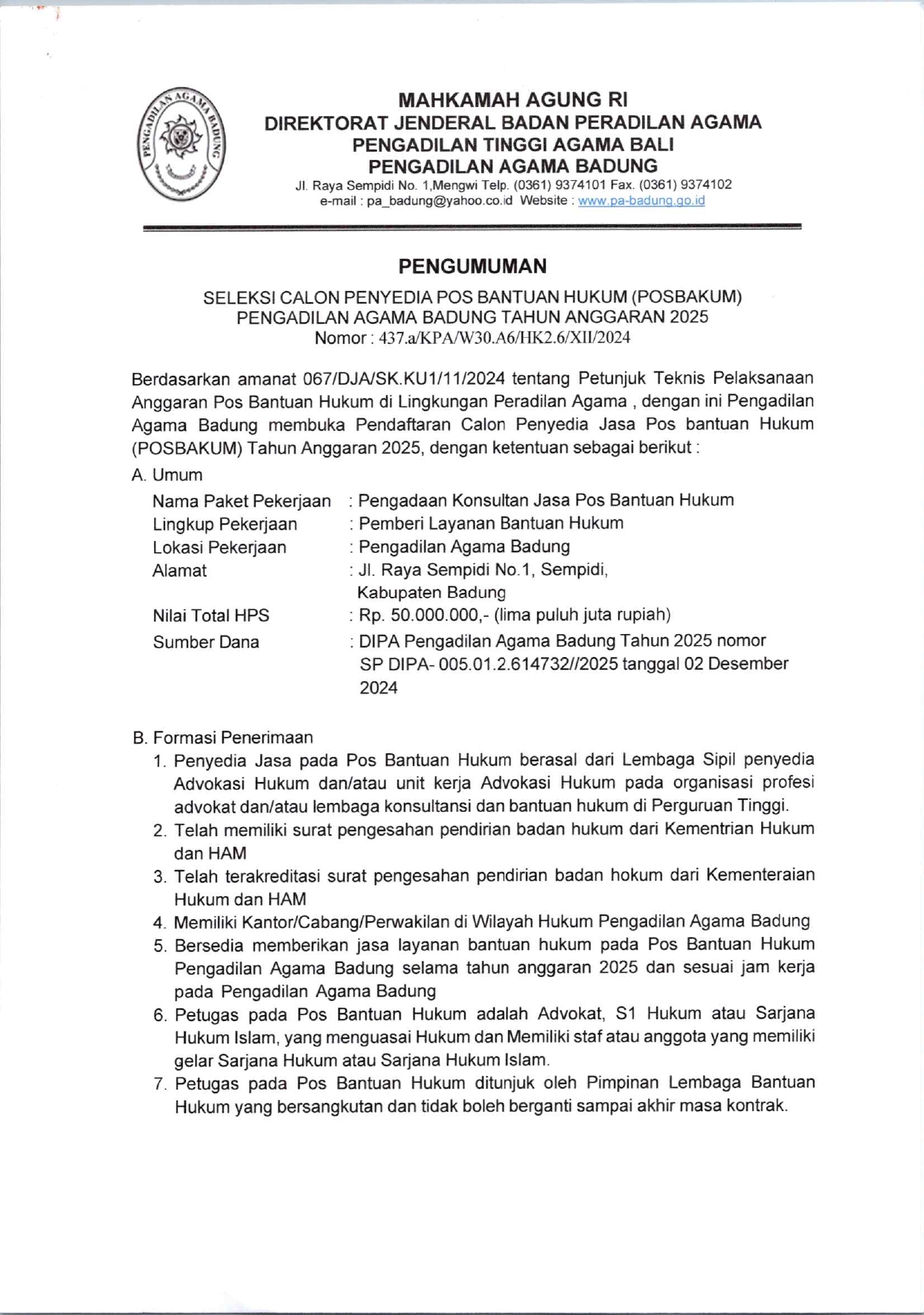 Pengumuman Seleksi POSBAKUM 2025 page 0001